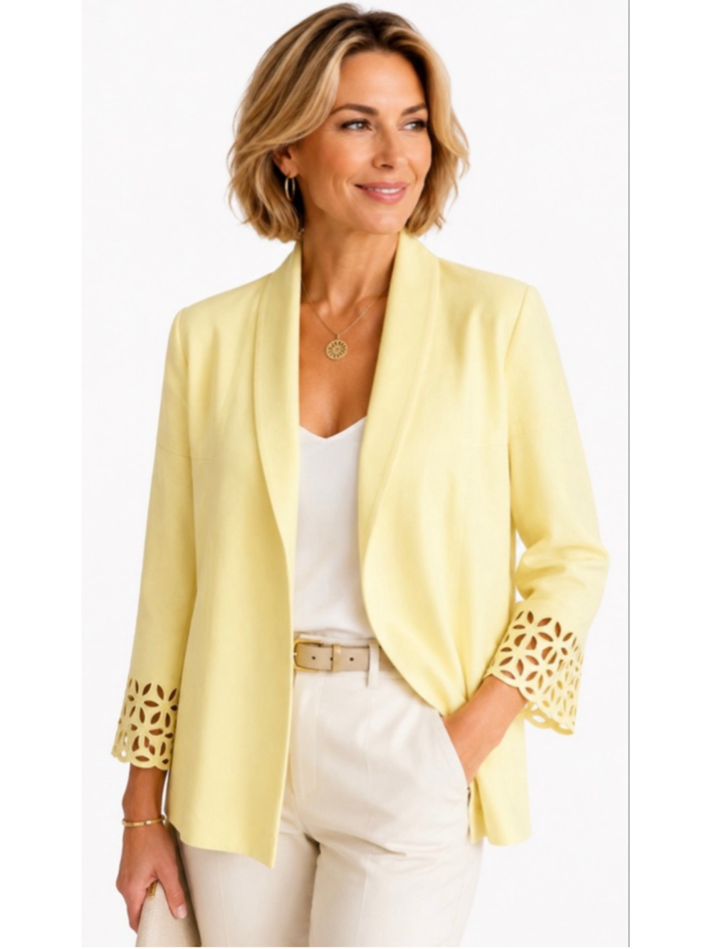 Women's Escada Yellow Blazer with Laser Cut Sleeves, Size 12